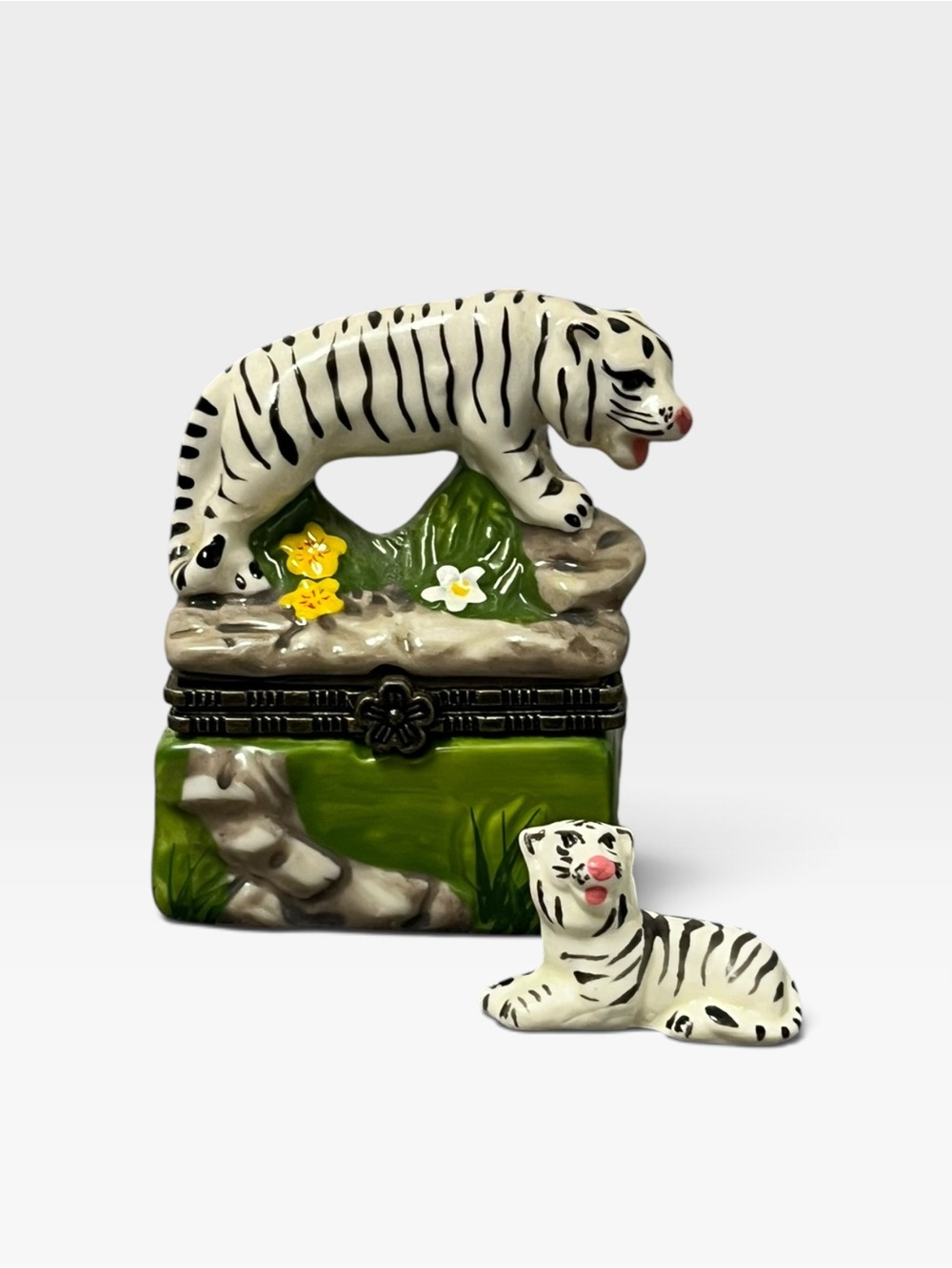 Vintage White and Black Tiger Trinket Box with Green Base